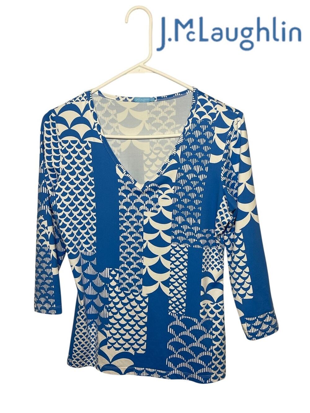 J. McLaughlin Blue White Catalina Patchwork Mermaid V-Neck 3/4 Sleeve Top Size S
